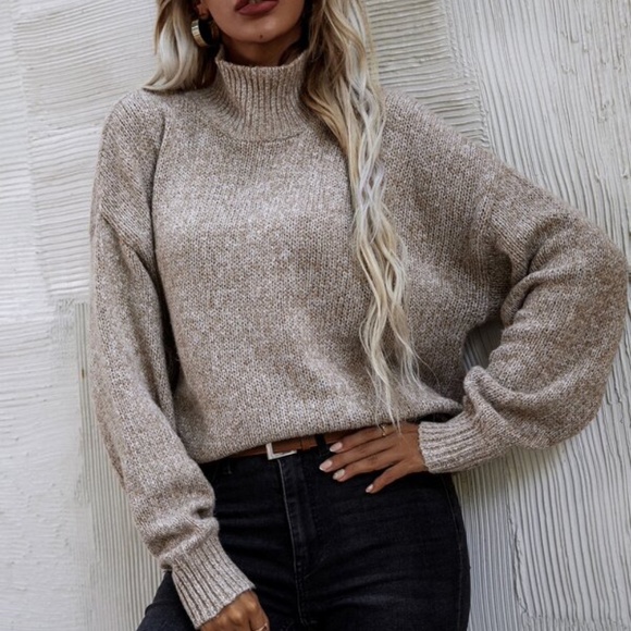 Cozy Tan Khaki Mock Neck Oversized Knit Sweater - Picture 4 of 4